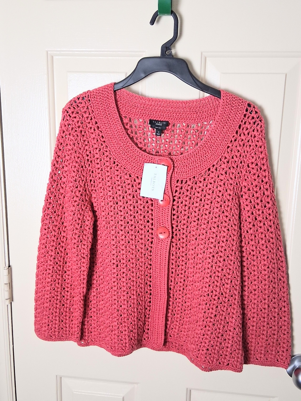 Talbots Women Pink Coral Hand Knit Sweater  Cardigan Size Small NWT